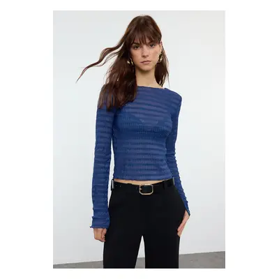 Trendyol Indigo Fitted Textured Tulle Stretchy Knitted Blouse