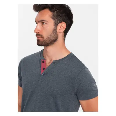 Ombre Men's T-shirt with unbuttoned round henley neckline - navy blue