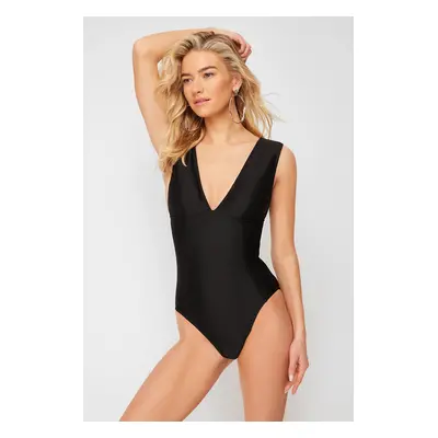 Trendyol Black V Neck Textured Regular Swimsuit