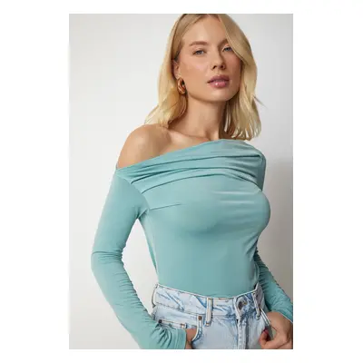 Happiness İstanbul Women's Aqua Green Flowy Collar Gathered Detailed Blouse