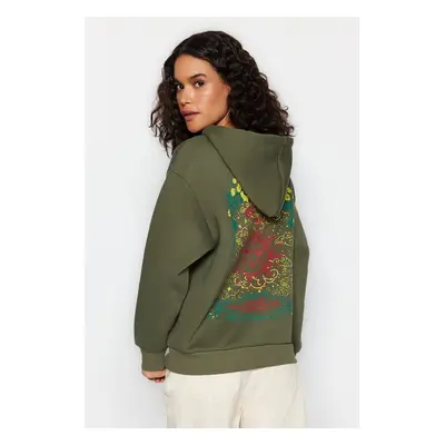 Trendyol Khaki Thick Inside Fleece Front and Back Printed Oversize/Wide Fit Knitted Sweatshirt