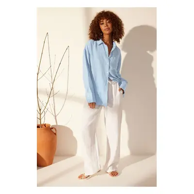 Trendyol Blue 100% Linen Oversize Shirts