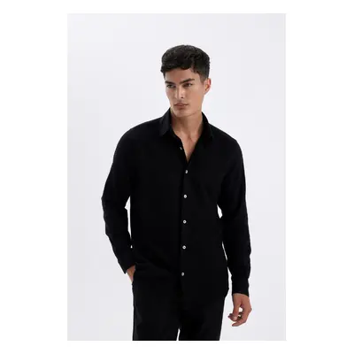 DEFACTO Black Modern Fit Modern Cut Polo Collar Plain Cotton Long Sleeve Shirt