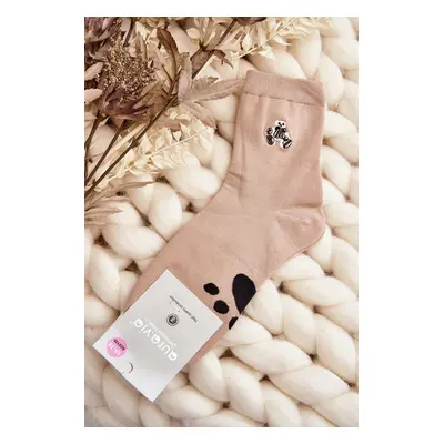 Beige women's cotton socks with teddy bear applique