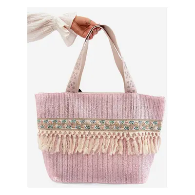 Large Fringed Woven Beach Bag, Pink Missalori