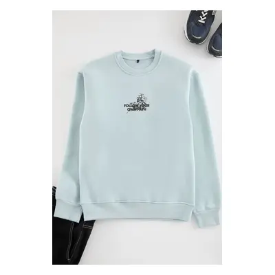 Trendyol Ice Blue Regular Cut Floral and Text Printed Sweatshirt