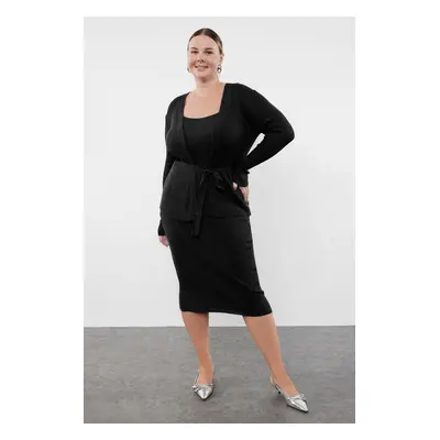 Trendyol Curve Black Ribbed Belted Midi Length 2-Piece Knitwear Cardigan-Dress