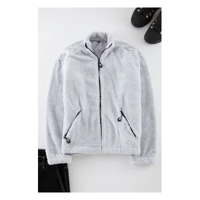 Trendyol Gray Oversize/Wide Cut Plush Sweatshirt with Zipper Pocket