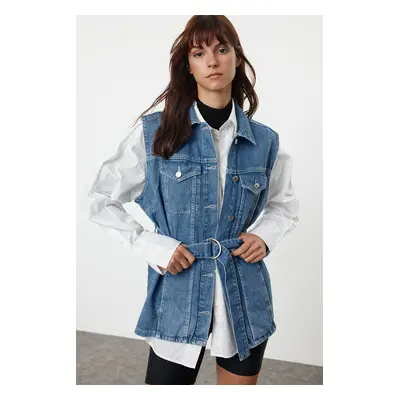 Trendyol Blue Belted Oversize Denim Vest