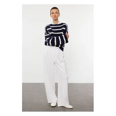 Trendyol White High Waist Pleated Wide Leg Trousers with Velcro Belt