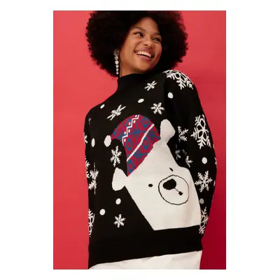 Trendyol Black Oversize Christmas Theme Knitwear Sweater