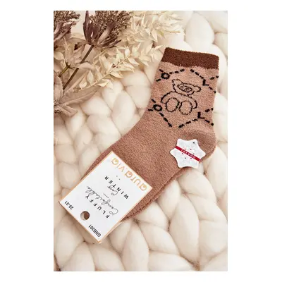 Youth warm socks with teddy bear, brown