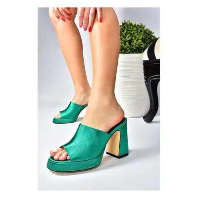 Fox Shoes Green Satin Women's Thick Heeled Slippers