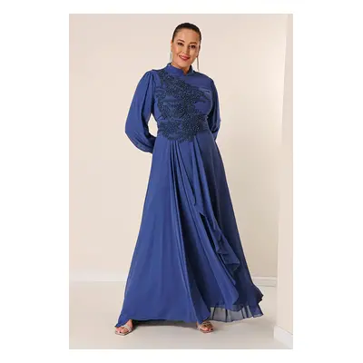 By Saygı Bead Embroidered Lined Flounce Front Plus Size Long Chiffon Dress