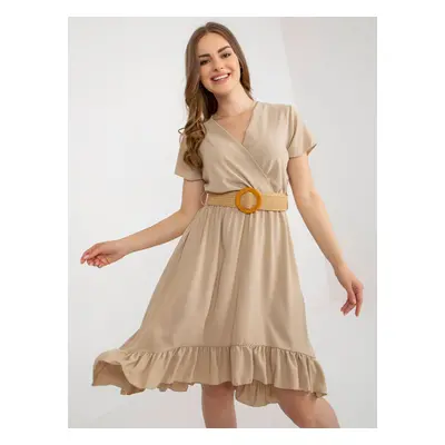 Beige dress with ruffle and belt