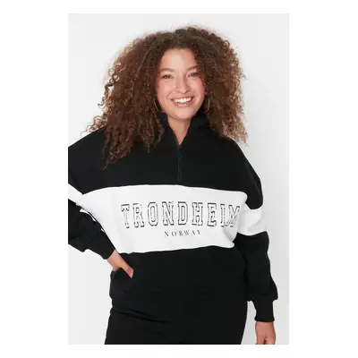 Trendyol Curve Black Color Block Zipper Stand Collar Thick Ribbed Knitted Sweatshirt