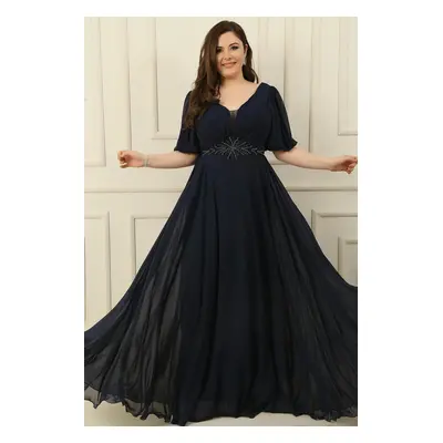 By Saygı Plus Size Long Chiffon Dress With A V-Neck Front Beaded Waist Draped and Lined Front Ba