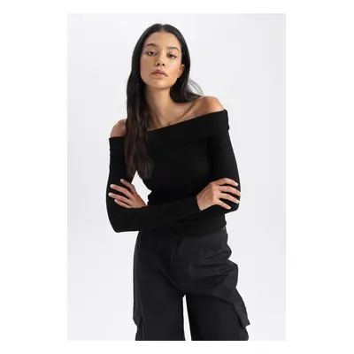 DEFACTO Slim Fit Off Shoulder Ribbed Camisole Long Sleeve T-Shirt