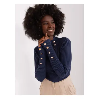 Navy blue fitted sweater with gold buttons