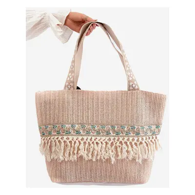 Large Nude Missalori Woven Beach Bag with Fringe