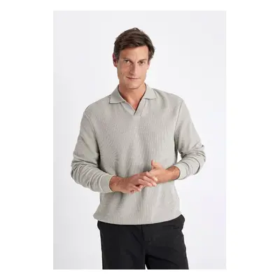 DEFACTO Men's Light Khaki Regular Fit Polo Neck Jacquard Knitwear Sweatshirt