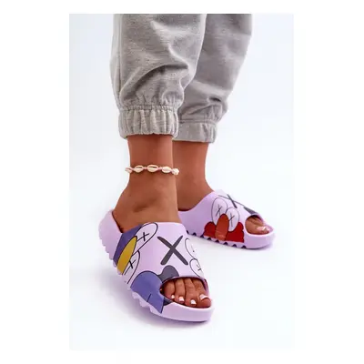 Rubber slippers with purple monster print