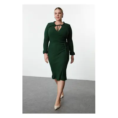 Trendyol Curve Emerald Green Corded Shirt Collar Double Breasted Knitwear Dress