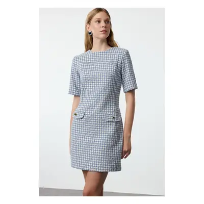 Trendyol Blue Houndstooth Straight Cut Button Detailed Tweed Woven Dress