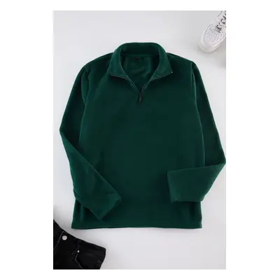 Trendyol Emerald Green Regular/Normal Cut Stand Collar Zippered Polar Fleece Warm Sweatshirt