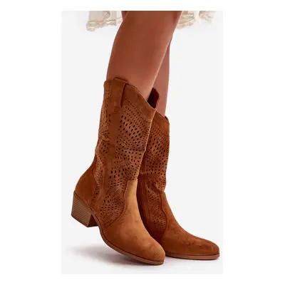 Openwork women's ankle boots Cowgirls on heel Camel Iceda