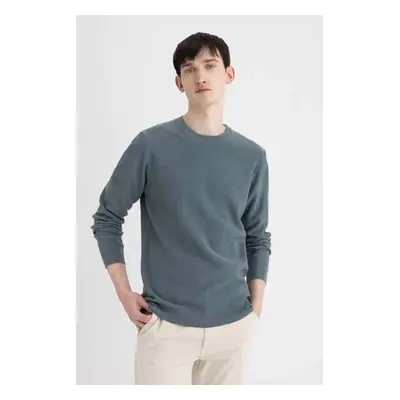 DEFACTO Men's Blue Standard Fit Regular Cut Cotton Crew Neck Muline Patterned Sweater