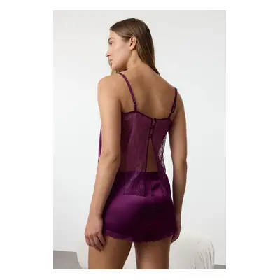 Trendyol Plum Lace and Back Detailed Rope Strap Satin Woven Pajama Set