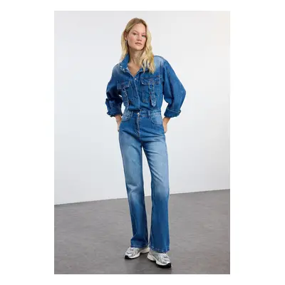 Trendyol Blue Cargo Pocket Denim Overalls