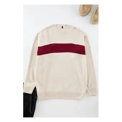 Trendyol Beige Regular Crew Neck Color Block Knitwear Sweater