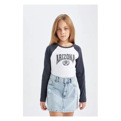 DEFACTO Girls Crew Neck Printed Ribbon Long Sleeve T-Shirt