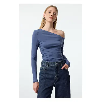 Trendyol Indigo Boat Neck Off Shoulder Gathered Fitted Cotton Stretch Knitted Blouse