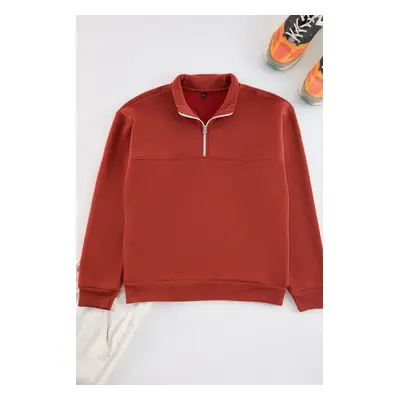 Trendyol Brick Oversize/Wide Cut Stand Collar Zippered Polar Fleece/Warm Basic Sweatshirt