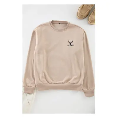 Trendyol Beige Oversize/Wide Cut Long Sleeve Animal Embroidered Sweatshirt