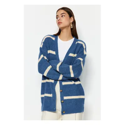 Trendyol Blue Wide Fit Soft Textured Striped Knitwear Cardigan