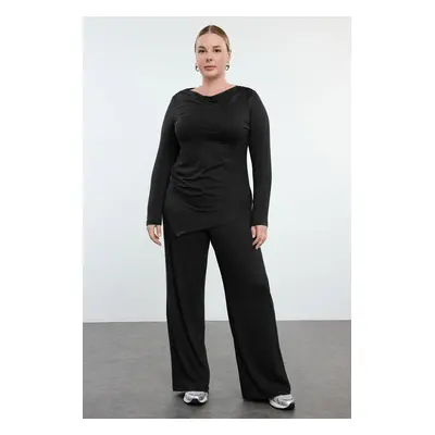 Trendyol Curve Black Premium Boat Neck Knitted Plus Size Bottom Top Set