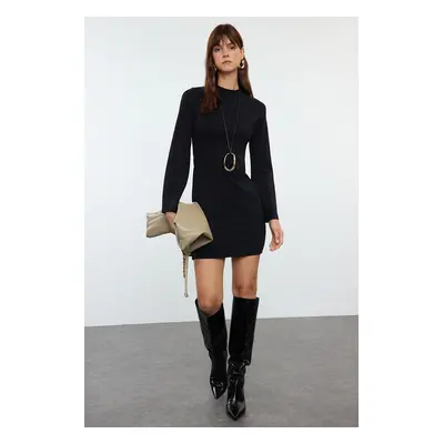 Trendyol Black Straight Fitted High Collar Spanish Sleeve Mini Knitted Pencil Dress