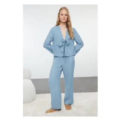 Trendyol Blue Solid Tie Detail Muslin Woven Pajama Set