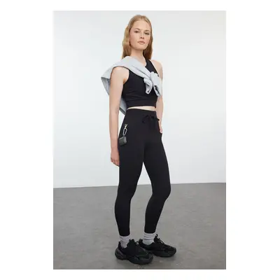 Trendyol Black Brushed Soft Fabric Pocket and Tie Detailed Full Length Knitted Sports Leggings