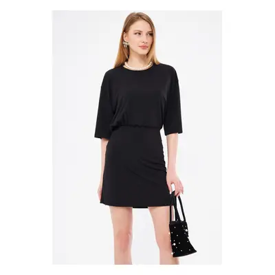 armonika Women's Black Gathered Waist Oversize Short Sleeve Skirt Tight Mini Dress