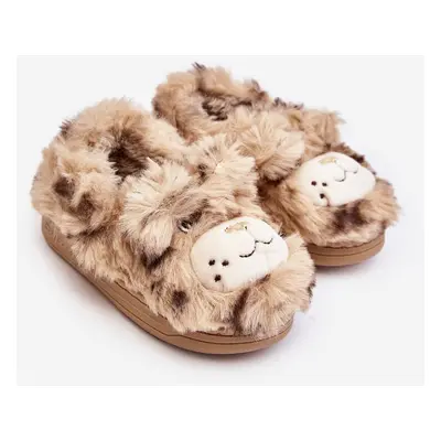 Children's fur slippers with teddy bear, Beige Apolania