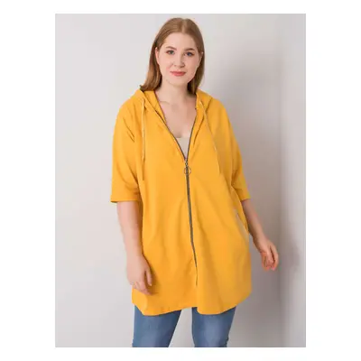 Dark yellow women's sweatshirt of larger size with zip closure