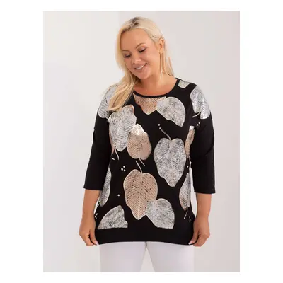 Plus size black cotton blouse with print