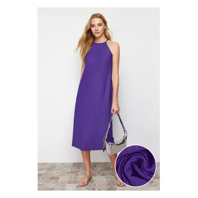 Trendyol Purple Shift/Straight Zero Sleeve Midi Pleated Knitted Dress