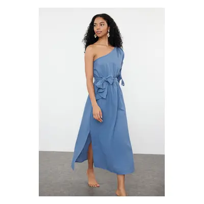 Trendyol Blue Belted Maxi Woven Muslin One Shoulder Beach Dress