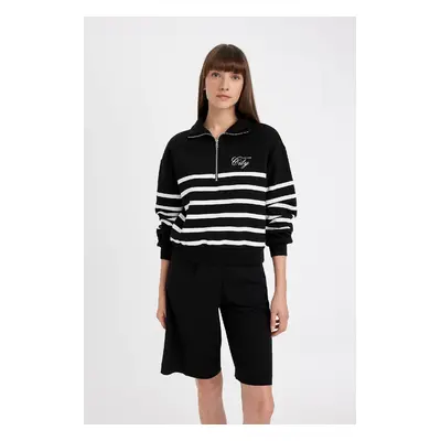 DEFACTO Regular Fit Half Zip Striped Thick Casual Sweatshirt